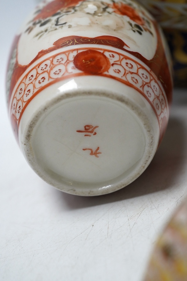 A small Japanese Kutani jar, a Chinese bowl, two pieces of Royal Crown Derby and a Victorian bowl, 10cm tall. Condition - fair to good, Kutani jar has hairline star crack to base